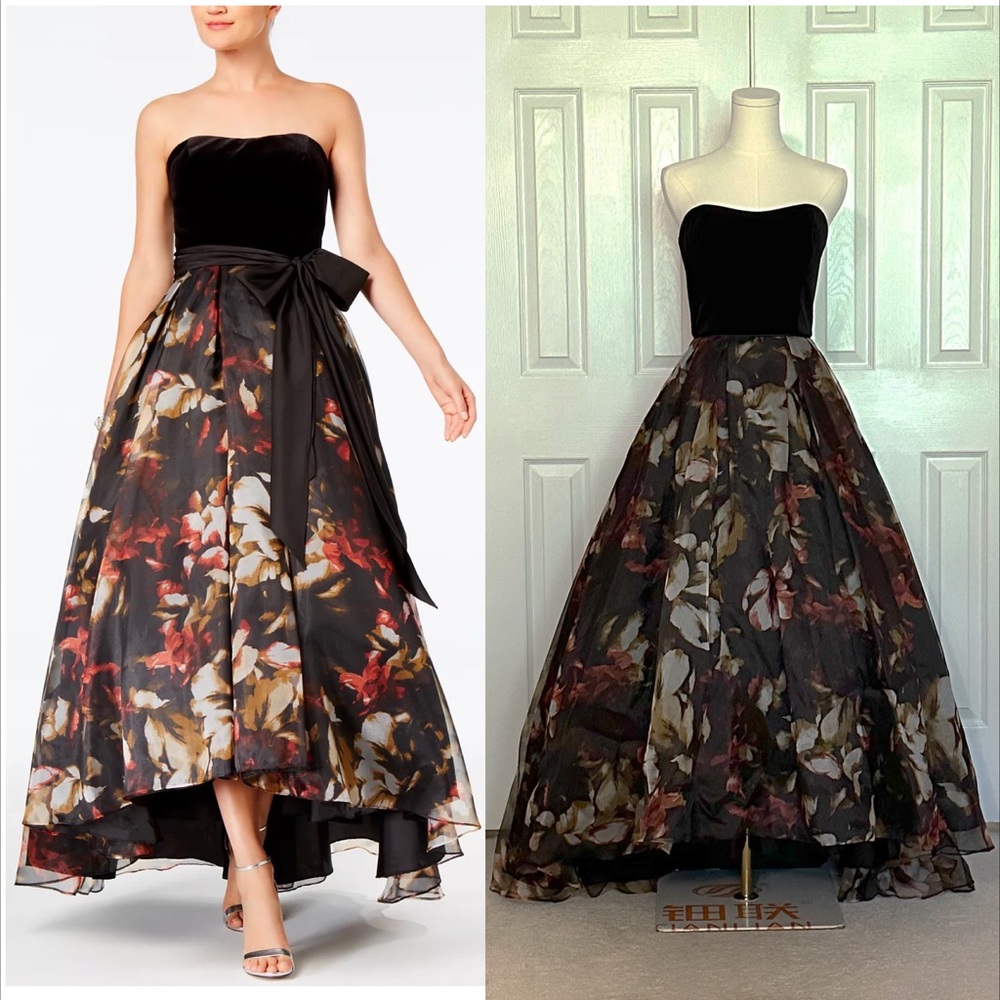Betsy & Adam Black Velvet and Floral High-Low Gown, Size 4.